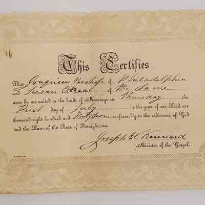 The Matlack and Bishop Family Collection; Marriage certificate 1847; Joaquin Bishop and Susan O'Neal