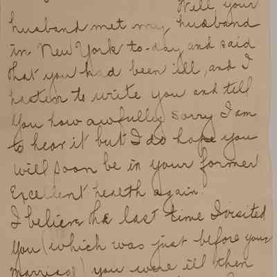 7. Letter from Edith J. Hickman Bean[?] (1/8): Feb. 14, 1911 letter from Edith J. Hickman Bean[?] wishing Marguerite well with her illness, mentioning seeing her mother and husband and meeting her brother, Harel[?] [John]. She mentions meeting her brother Clyde B. John and wishing to see her sister Beatrice [John] [Married name unknown]. She invites Marguerite to spend time with her next time her husband has business in New York; sent from West Chester, PA. 

[Note: The associated envelope was sent from West Chester, PA despite the writer writing from New York. It is possible that the letter and envelope are incorrectly matched. Also, Marguerite John is never addressed by a married name despite being recently married in 1911 according to this letter.]