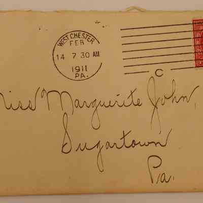 7. Letter from Edith J. Hickman Bean[?] (7/8): Feb. 14, 1911 letter from Edith J. Hickman Bean[?] wishing Marguerite well with her illness, mentioning seeing her mother and husband and meeting her brother, Harel[?] [John]. She mentions meeting her brother Clyde B. John and wishing to see her sister Beatrice [John] [Married name unknown]. She invites Marguerite to spend time with her next time her husband has business in New York; sent from West Chester, PA. 

[Note: The associated envelope was sent from West Chester, PA despite the writer writing from New York. It is possible that the letter and envelope are incorrectly matched. Also, Marguerite John is never addressed by a married name despite being recently married in 1911 according to this letter.]
