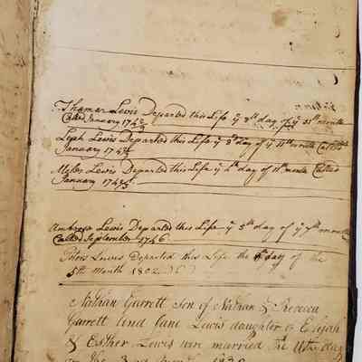 Garrett Family Manuscript Collection/The Lewis Family Bible [1765]: back pages of bible:  birth, death and marriage dates for the Lewis and Garett families 1742-1830. "Nathan Garrett son of Nathan and Rebecca Garrett and Jane Lewis daughter of Elijah and Esther Lewis were married the 11th day of the 3rd month 1830..."