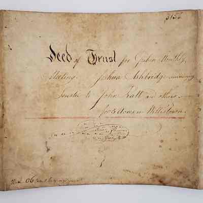 Indenture-Deed - Goshen Friends Monthly Meeting 1817: "front envelope" of Deed. "3156, Deed of Trust for Goshen Monthly Meeting. Joshua Ashbridge surviving Trustee to John Pratt and others, for 5 acres in Willistown" small doodle "$2.06 paid by George Garrett