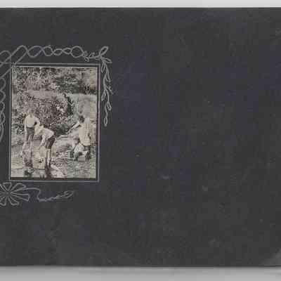 Hattie Brown and Mabel Hall: Front cover of photograph album featuring a small photograph, individuals unidentified