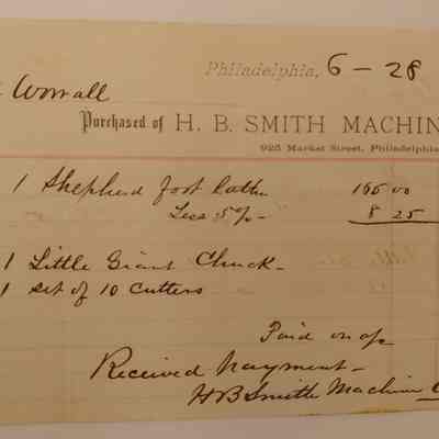 2. Receipt from H. B. Smith Machine Co.: June 28, 1881 Receipt from H. B. Smith Machine Co. 925 Market Street, Philadelphia.