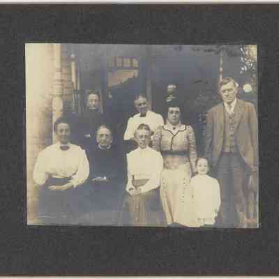 Group taken on Hall porch, Meadville PA 1909; Nora and Lewis Brown, Addie Beatty, Sarah Wilcox, Detta Hall, Mrs. Scott, Elwood and Amy Ida Glisson: Front of photograph with frame - Top row (left to right): ?, ?, Nora Brown, Elwood Glisson
Bottom row (left to right): DeEtta Hall, ?, Amy Ida Glisson, Lewis Brown