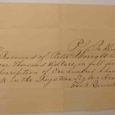 8. Notice from Keystone Light and Heat Company (1/2): Notice of received check from Frank Bennett of Keystone Light and Heat Company; Sent from 15 N. 13th St., Philadelphia, PA.