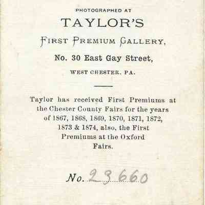 Arthur S. Pritchett “compliments from Arthur to Ida”: back of photograph - “compliments from Arthur to Ida”

"Arthur S. Pritchett"

Taylor's First Premium Gallery Information

"No. 23660"
