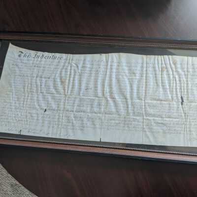 Framed original indenture announcing sale to Goshen Friends Monthly Meeting to establish School and Schoolmaster's House - January 20,1783