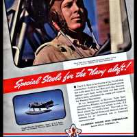 An Allegheny Ludlum Steels For Aviation advertisement featuring an OS2U Vought Kingfisher. c1942.
