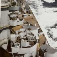 Port view of IOWA underway during trials. Details of search lights, 40mm and 5 inch gun mounts. May 1943 - 80-G-K-6064.