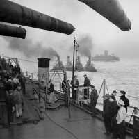 IOWA being tugged to New York Navy Yard Annex dry dock at Bayonne, New Jersey. October 20, 1942 - 80-G-13566