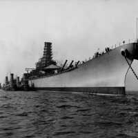 IOWA at anchor waiting for low tide, so she may be tugged under the Brooklyn Bridge to a dry dock. October 20, 1942 - 80-G-13581