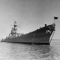 USS Iowa anchored in Gravesend Bay after moving from Bayonne NJ dry dock. March 29, 1943 - USN 60010.