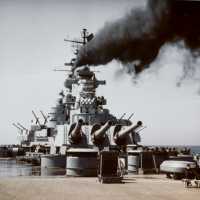 IOWA underway, making heavy smoke during sea trials. May, 1943 - 80-G-K-6062.