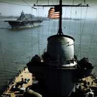 IOWA looking aft from forward superstructure, with USS Lexington CV-16 possibly astern. May 18, 1943 - 80-G-K-6061.