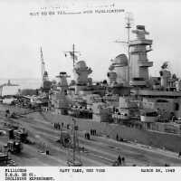 Starboard view of USS Iowa in Bayone NJ dry dock for inclining experiments. March 28, 1943 - F1111C338.
