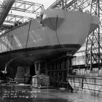 USS Iowa port stern looking forward showing launch mask and port propeller struts, day before launch - August 26, 1942 - F1111C209