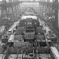 USS Iowa amidship looking forward showing construction of Main Deck and the superstructure