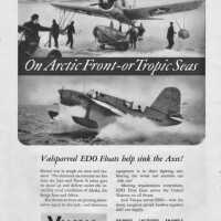 An advertisement for Valspar aircraft EDO Float Gear finishes on OS2U Vought Kingfisher float planes. July 1943.