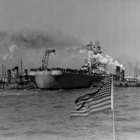 USS Iowa being tugged from Bayone NJ dry dock to Gravesend Bay. March 29, 1943 - US Navy photo.