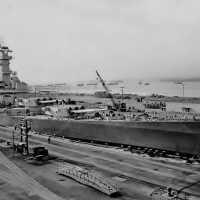 Full view of USS Iowa in Bayone NJ dry dock for inclining experiments. March 28, 1943 - F1111C341.
