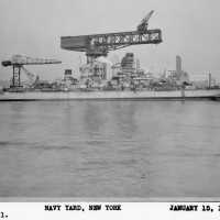 IOWA fitting out, shown with large cranes in position over the hull and superstructure. January 15, 1943 - F1111C275