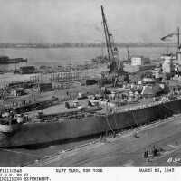 Stern view of USS Iowa in Bayone NJ dry dock for inclining experiments. March 28, 1943 - F1111C342.