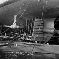 USS Iowa aft port launch mask and poppet next to the propeller struts and shafts, the day before launch - August 26, 1942 - F1111C211