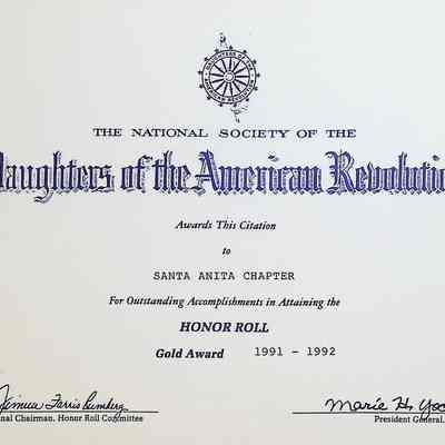 Daughters of the American Revolution Chapter Santa Anita Gold Honor Roll Award in 1991-1992