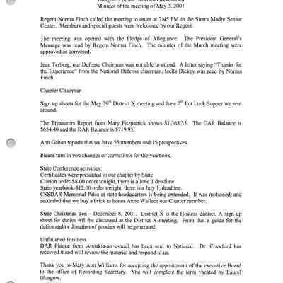 Santa Anita Chapter, DAR Board Meeting May 3, 2001