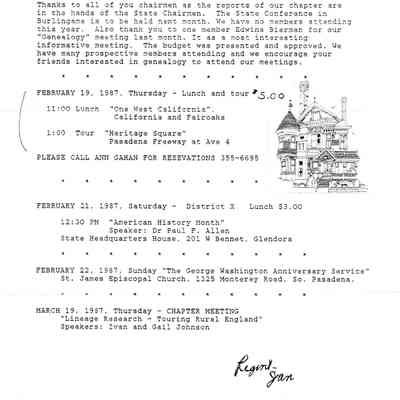 DAR: Santa Anita Chapter NSDAR February 1987 Newsletter