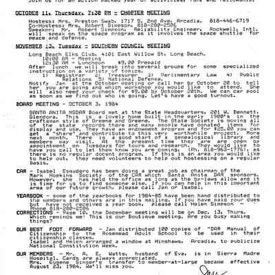 DAR: Santa Anita Chapter NSDAR October 1984 Newsletter