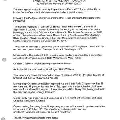 Santa Anita Chapter NSDAR Minutes Oct. 5, 2001