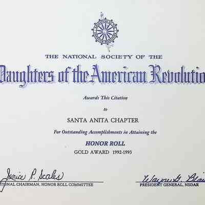 Daughters of the American Revolution Chapter Santa Anita Gold Honor Roll Award in 1992-1993