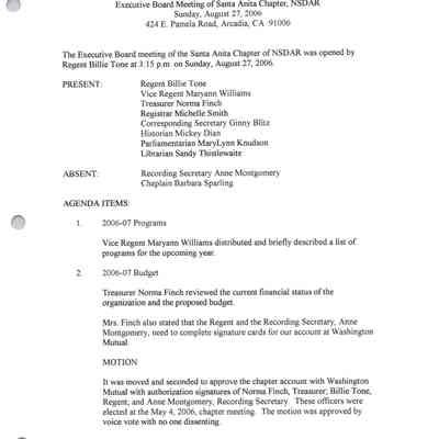Santa Anita Chapter, DAR Executive Board Meeting Minutes, Aug. 27, 2006