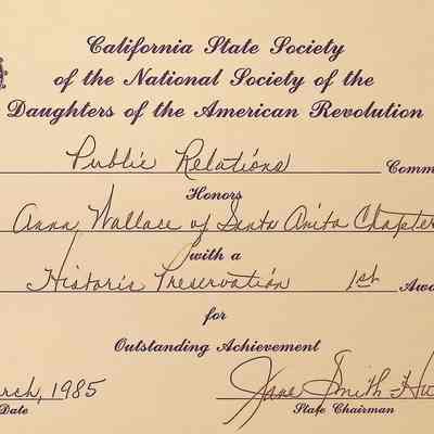 CSS DAR Award for Historic Preservation, March 1985