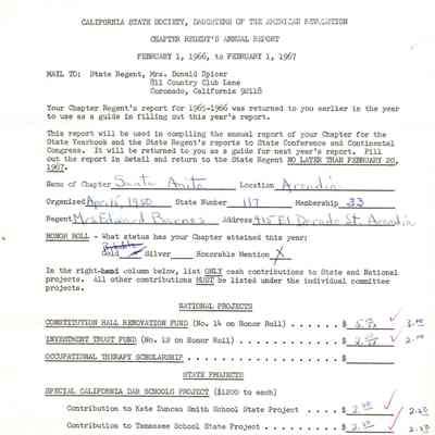 CSSDAR Chapter Regent's Annual Report for 1966-1967