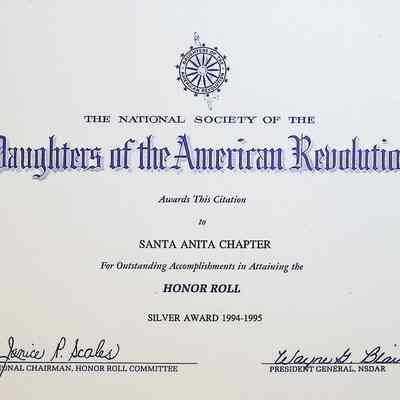 Daughters of the American Revolution Chapter Santa Anita Silver Honor Roll Award in 1994-1995
