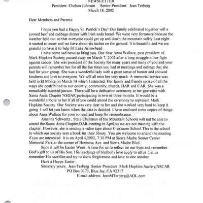 Mark Hopkins Society NSCAR Newsletter, Mar. 18, 2002