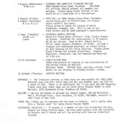 DAR: Santa Anita Chapter NSDAR July 1987 Newsletter