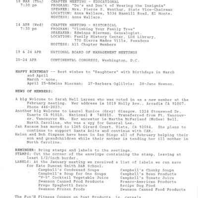 DAR: Santa Anita Chapter NSDAR March/April 1993 Newsletter
