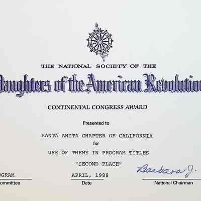 Daughters of the American Revolution Chapter Santa Anita Continental Congress Award 1988