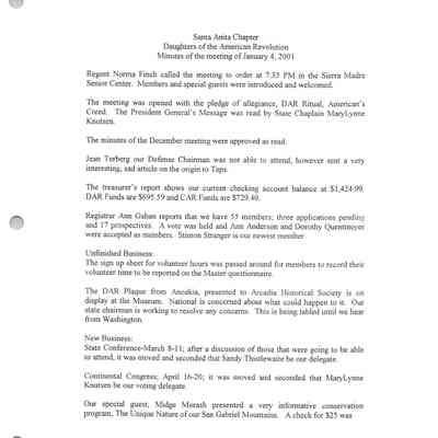 Santa Anita Chapter, DAR Board Meeting Jan. 4, 2001