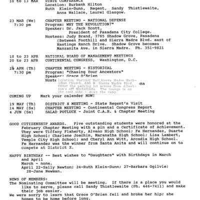 DAR: Santa Anita Chapter NSDAR March/April 1994 Newsletter