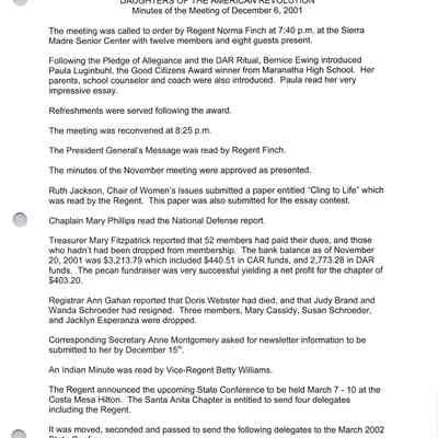 Santa Anita Chapter NSDAR Minutes Dec. 6, 2001