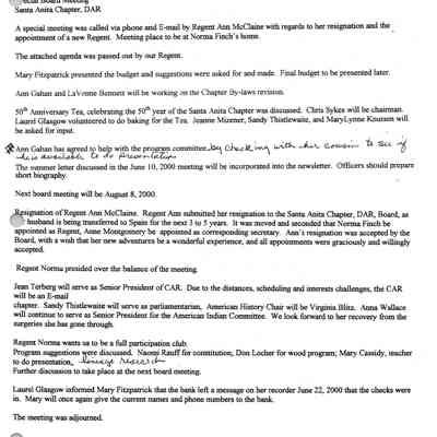 Santa Anita Chapter, DAR Board Meeting June 27, 2000