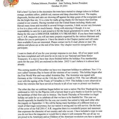 Mark Hopkins Society Newsletter Oct. 29, 2001