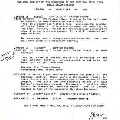 DAR: Santa Anita Chapter NSDAR January 1985 Newsletter