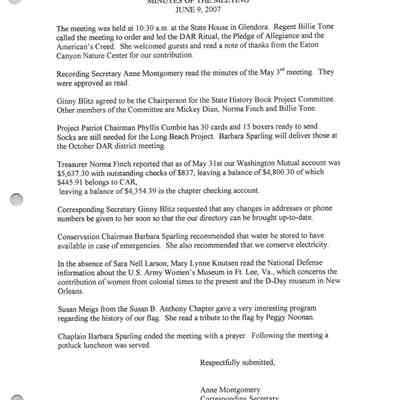 Santa Anita Chapter, DAR Meeting Minutes, June 9, 2007