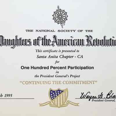 Daughters of the American Revolution Chapter Santa Anita Award for "One Hundred Percent Participation" in 1995