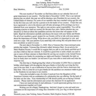 Mark Hopkins Society NSCAR Newsletter, Oct. 23, 2000